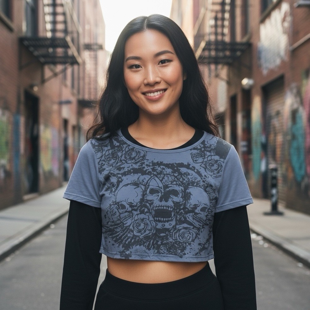 Romwe Skull Rose Layered Crop Top Womens M Gray Retro Y2K Rebellious Goth Grunge